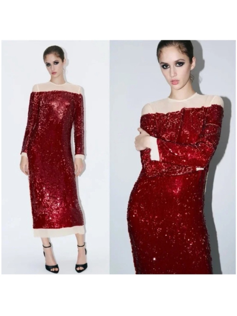 ZARA SEQUIN CHIFFON DRESS Bloggeres Favorite Red Beige Dress Party Club Sz Small